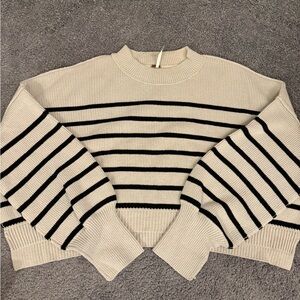 Free People Cream and Black Striped Crew Neck Sweater